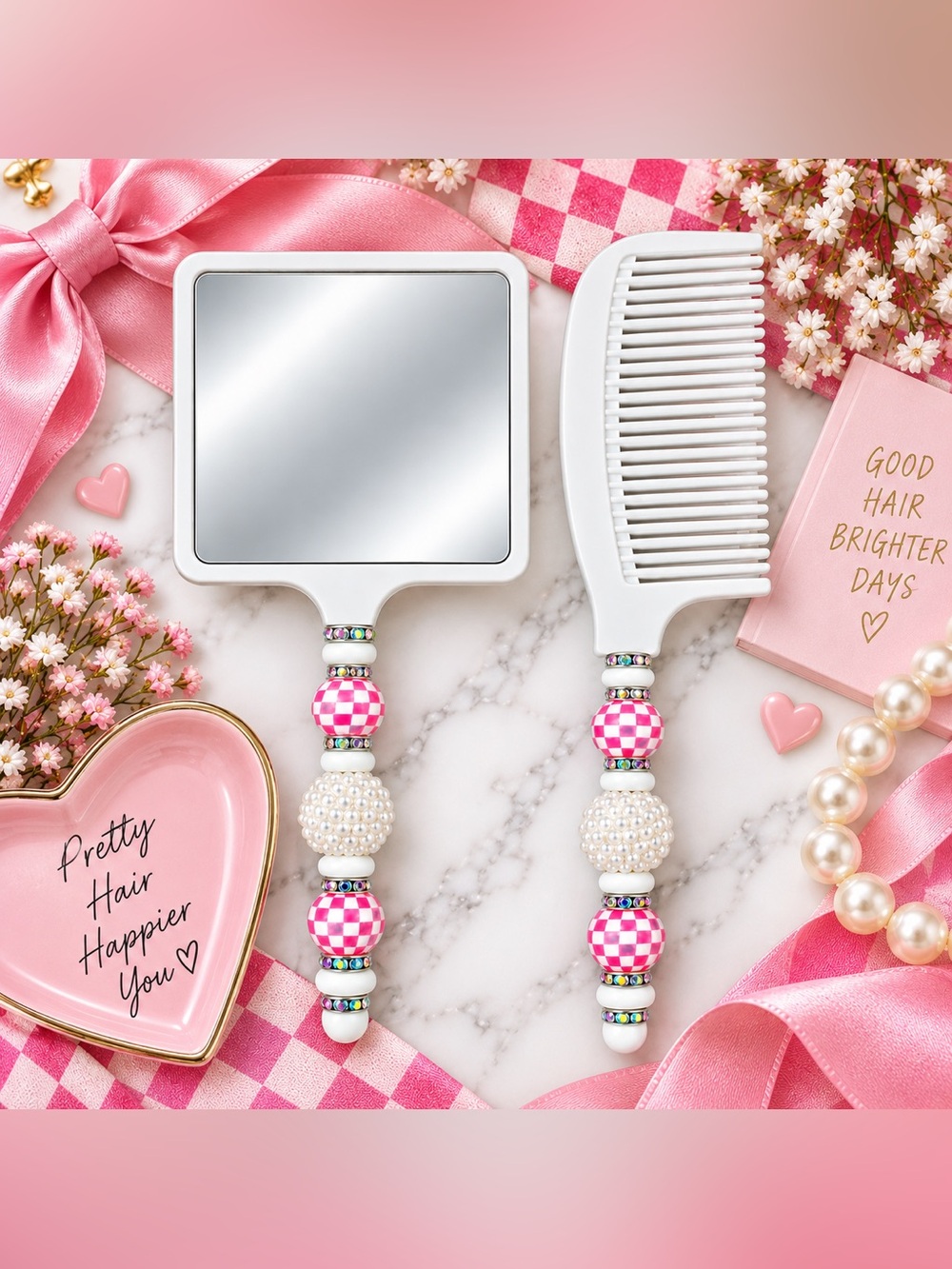Checkered White & Pink Beaded Hand Mirror and Comb Set